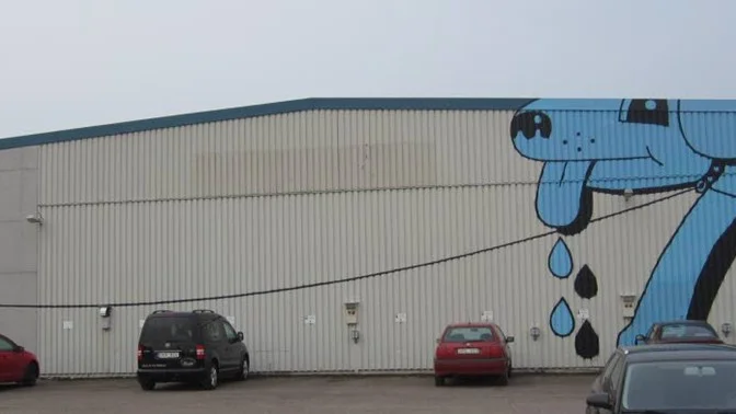 På promenad. Kul och pigg jycke med snäll tant vid Industrigatan i Linköping. Klotter, graffiti eller konst?