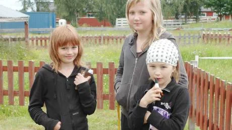 Jennie, Anno och Ida Särkiniva frånTorneå                            gillar att vara i smådjursstallet i Haparanda. "Vi tycker om djuren", säger Jennie Särkiniva.