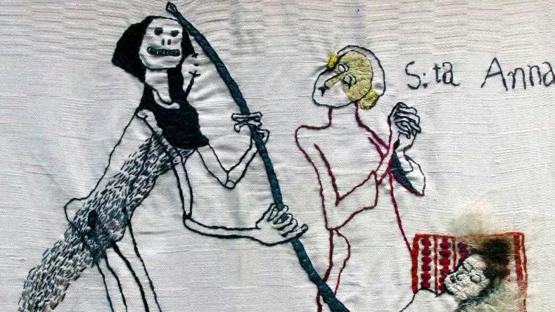 Brita Weglins broderi "S:ta Anna ber för min själ", från 2014.