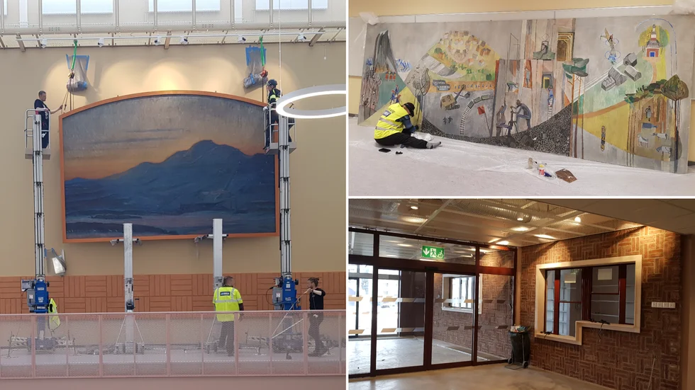I nya gymnasieskolan. Bild 1: Hängning av ”Kiirunavaara” av Axel Sjöberg skapad 1905. Bild 2: Restaurering av ”Kiruna” görs av Nina Olivier, konservator. Bild 3: Teglet från stadshuset finns murat i samma mönster som i stadshuset på insidan av huvudentrén.