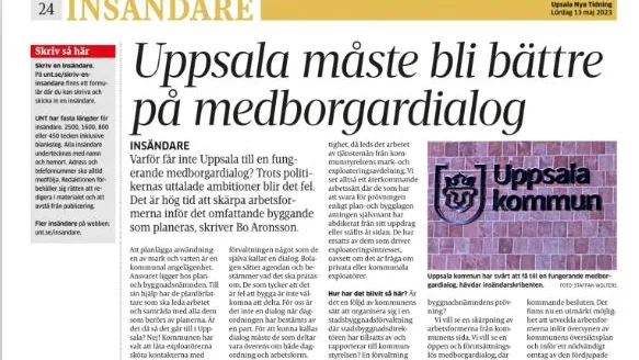 Uppsala kommuns stadsbyggnadsdirektör Christian Blomberg svarar på  Bo Aronssons insändare insändare 13 maj.