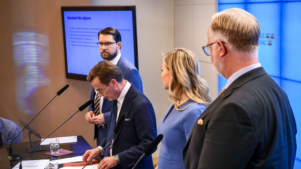 Ulf Kristersson (M), Jimmie Åkesson (SD), Ebba Busch (KD) och Johan Pehrson (L). 
