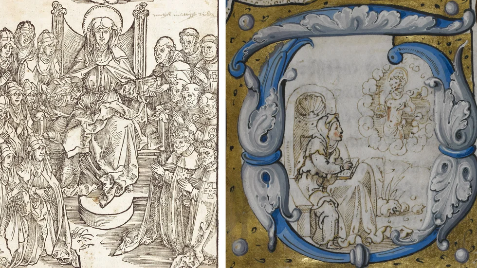 1. Illustration föreställande Heliga Birgitta från en utgåva av "Himmelska uppenbarelser" från år 1500. 2. "Den heliga Birgittas uppenbarelse", engelsk miniatyrmålning från 1530.