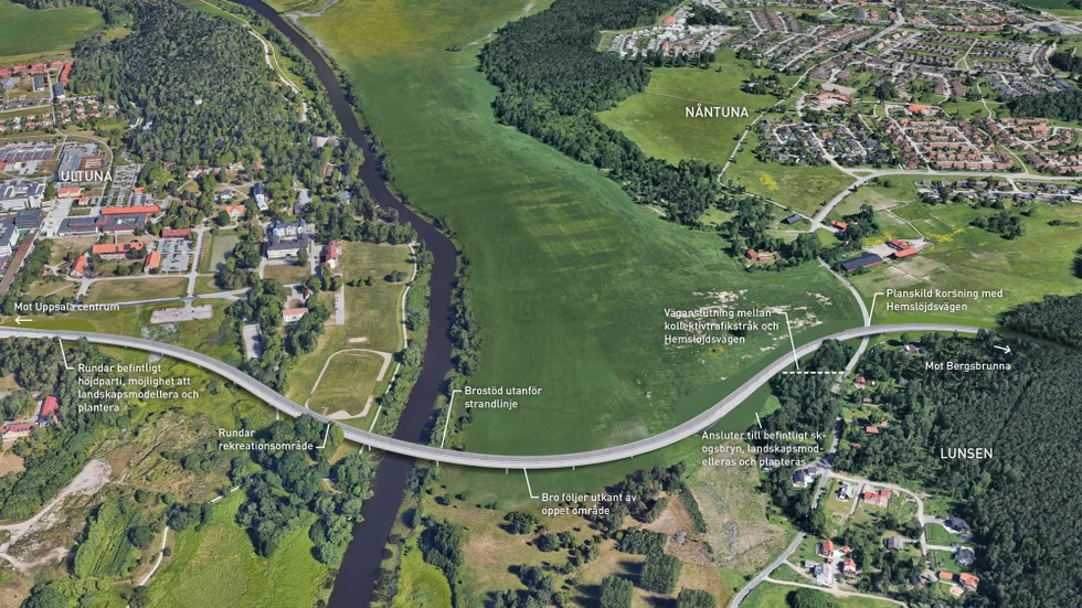 Här planeras bron över Fyrisån. Den är tänkt att bli 850 meter lång och 18 meter bred.