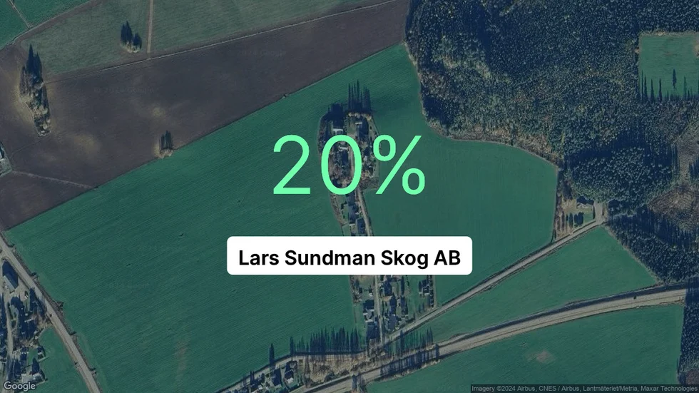 Illustrationen visar rörelsemarginalen för Lars Sundman Skog för det senaste året. Bakgrunden är en satellitbild över företagets adress.