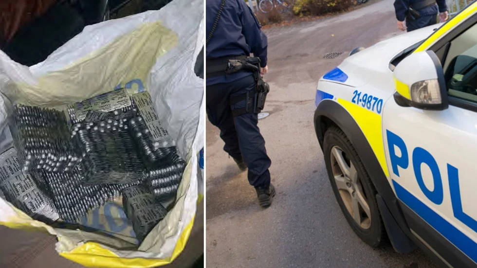 Över 7 000 narkotikaklassade tabletter hittades i ett hyrt förråd i Motala. En man och en kvinna i 25-årsåldern har nu åtalats för narkotikabrott. Bild från förundersökningen.