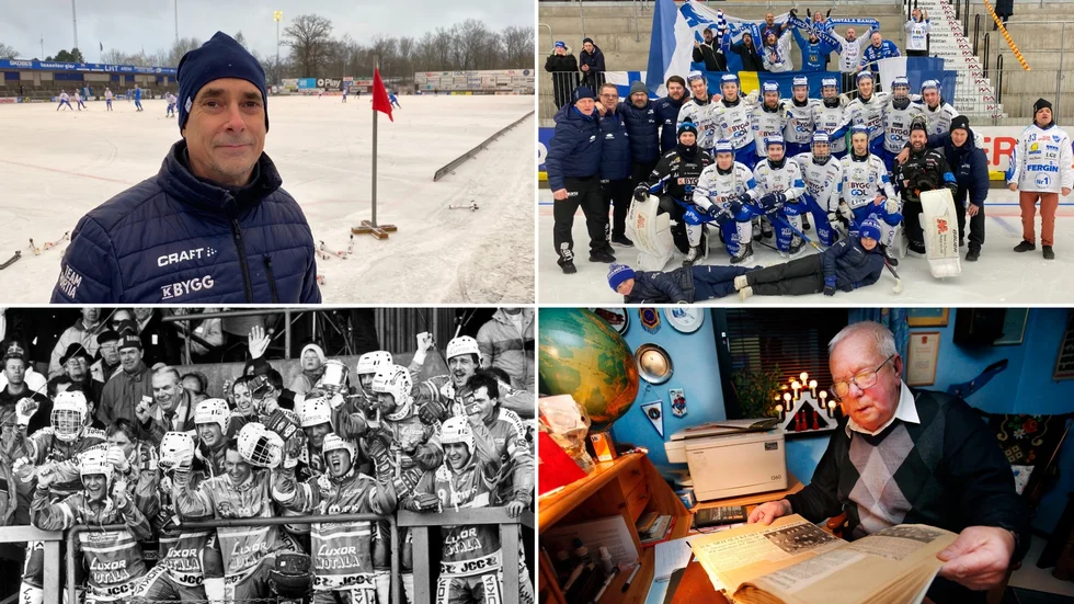 IFK Motalas bandylag nu och då. Här ses nuvarande ordföranden Patrik Carlsson, laget som vann elitseriekvalet 2024, laget som vann SM-guldet 1987 och nestorn Gösta Westling som var med och startade IFK:s bandy 1965 och som gick bort 2021.
