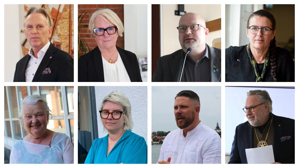 Övre raden: Uf Nilsson (L), Maud Ärlebrant (KD), Dan Larsen (SD), Akko Karlsson (MP), Ingela Svensson (C), Klara Björkum (S), Daniel Gynnerfelt (V) och PG Gregard (M).