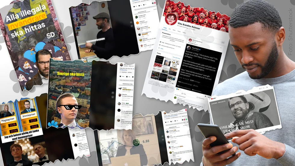 Sverigedemokraternas så kallade trollkonton innehåller både humorbetonat material och mer direkta påhopp på politiska motståndare. Montage.