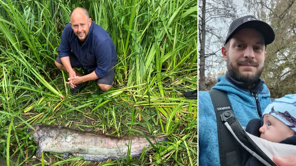 "Jag förstår att man reagerar, dessutom när det är en så stor fisk. Det är jättebra att han är uppmärksam på vad som händer i ån", säger Emil Appelkvist (till höger med sin mest trogna fiskekompis Valter) om Martin Fall som i lördags hittade malarna som han lagt upp på land.