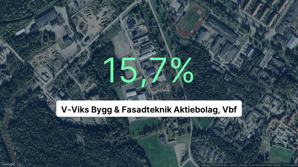 Illustrationen visar rörelsemarginalen för V-Viks Bygg & Fasadteknik Aktiebolag, Vbf för det senaste året. Bakgrunden är en satellitbild över företagets adress.