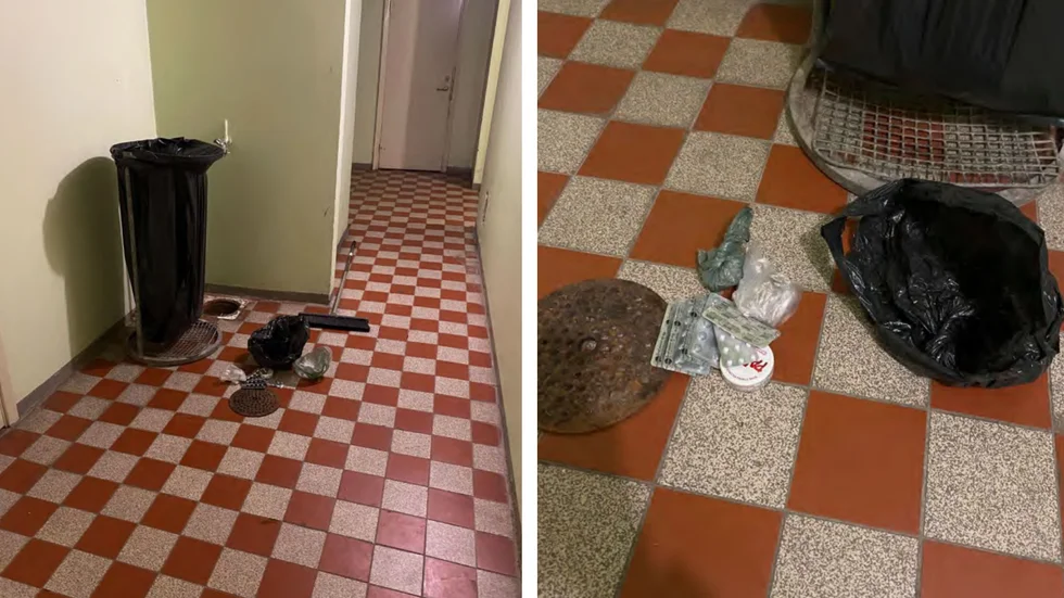 I en golvbrunn hittade polisen flera narkotiska preparat. (Bilderna är hämtade ur förundersökningen.) 