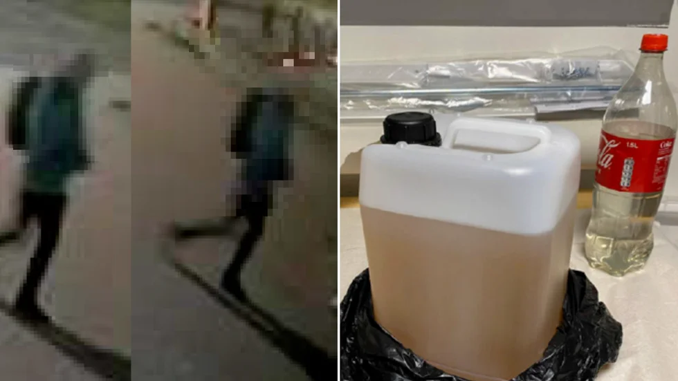 Bilder på den äldre av de båda Hultsfredsborna när han rör sig vid villan han försökte tända eld på. Kort senare greps han av polisen som bland annat hittade en dunk med 4,5 liter bensin utblandat med motorolja samt tändare och tändstickor i hans ryggsäck.