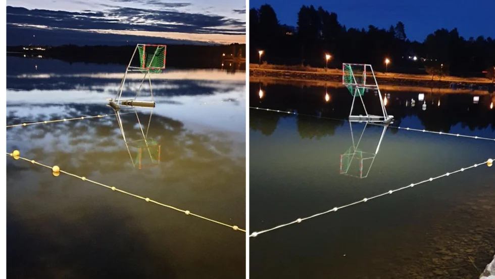 Två bilder som visar båda målen samt hur belysningen lyser upp kanotpoloplanen under kvällstid. 