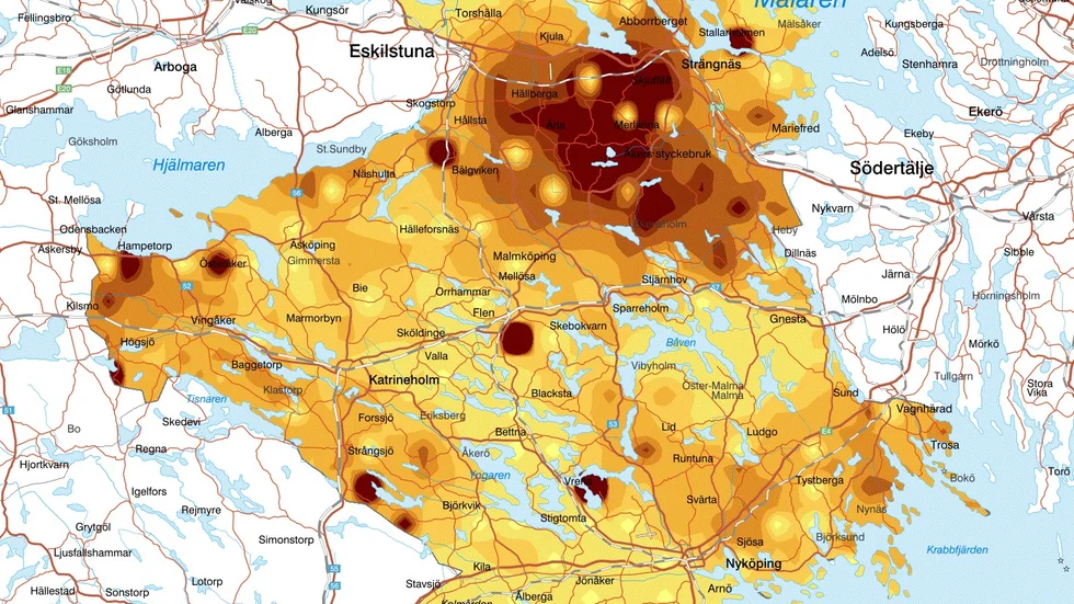 Mörkare färg innebär att en högre andel av tallstammarna är skadade än i de områden på kartan som har ljusare nyans.