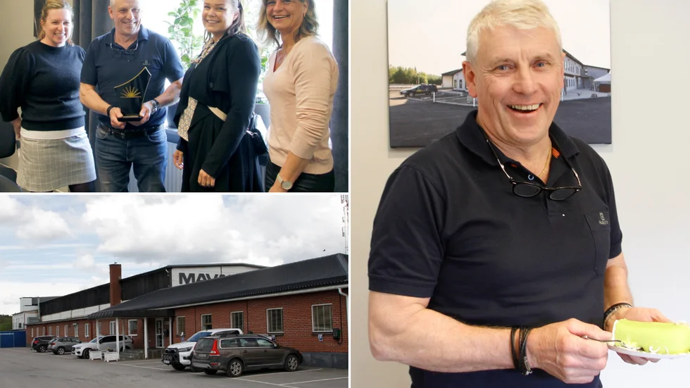 Örjan Gustavsson, vd på Mariefredsbaserade Mavab, tar sig en bit av grattistårtan från företagarföreningen. Till vänster ses han tillsammans med kommunens näringslivschef Emma Hjelm samt Sofia Carlzon och Diane Furness från företagarföreningens styrelse.