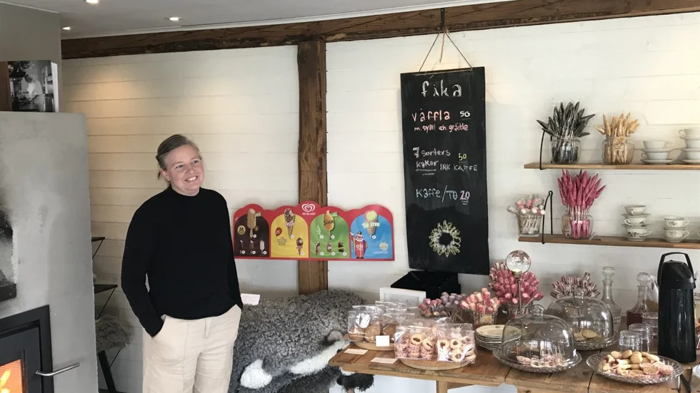 Eva-Lena på Stora Björsveds lilla fårgård vill att besökarna ska fika och komma ner i varv.