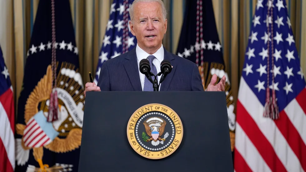 USA:s president Joe Biden höll ett tal i Vita huset innan han signerade en ny exekutiv order för att främja konkurrensen. Bild från den 9 juni 2021.