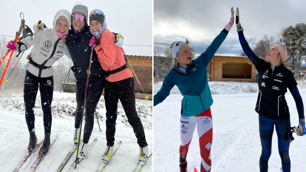 Emma Ribom berättar att det har varit fina dagar i Vålådalen. "Det kom till och med nysnö, så ett tag var del även vitt utanför spåren". På bilderna syns även Moa Lundgren och Ebba Andersson.