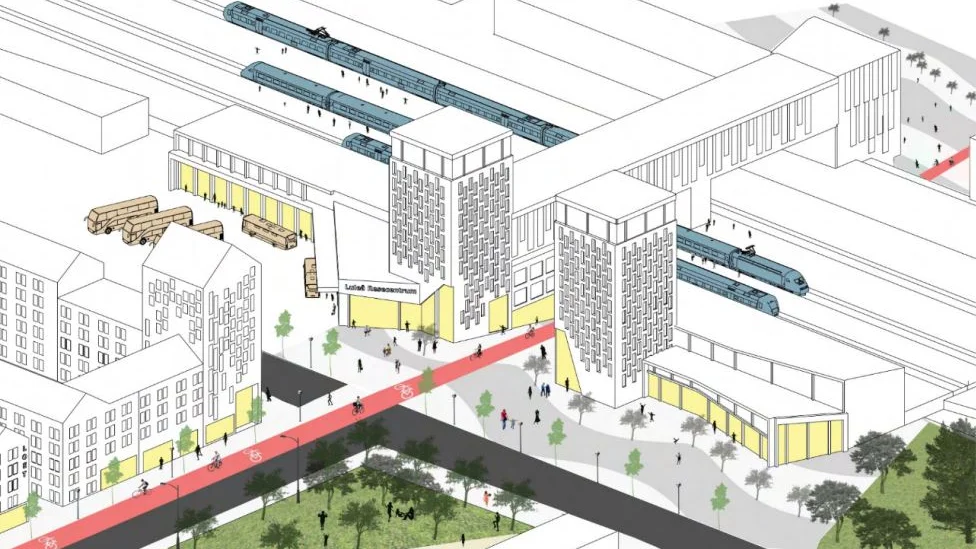 Så här kan ett framtida resecentrum i Luleå komma att se ut. Busstationen på Loet har då ersatts av byggnader.