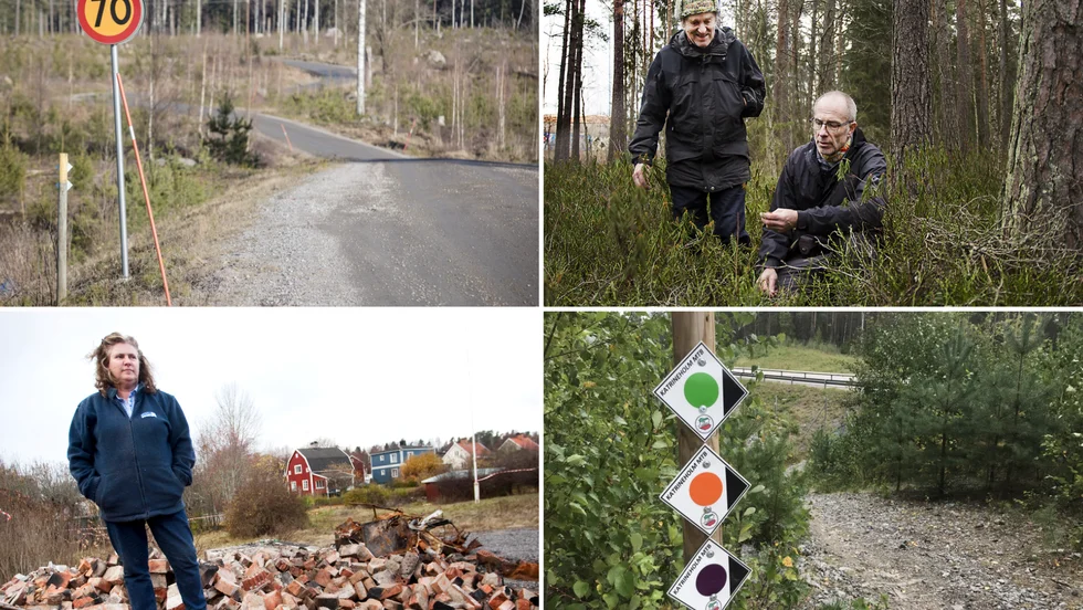 Naturskyddsföreningen, med Bo Karlsson och Janne Elmhag i spetsen, vill bevara tätortsnära skog. Kerstin Jutell Ericsson, här i resterna av Vallas scoutstuga, tror inte att exploateringsplanerna kommer att påverka deras Valla Sköldinges scoutverksamhet. 