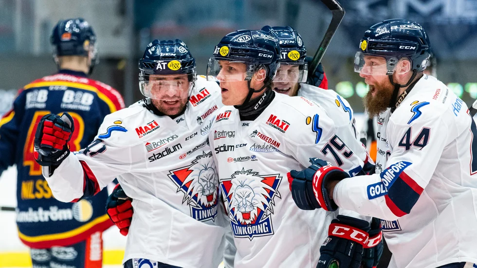 Patrik Lundh (mitten) jublar efter att han gjort 0-1 under ishockeymatchen i SHL mellan Djurgården och Linköping.
