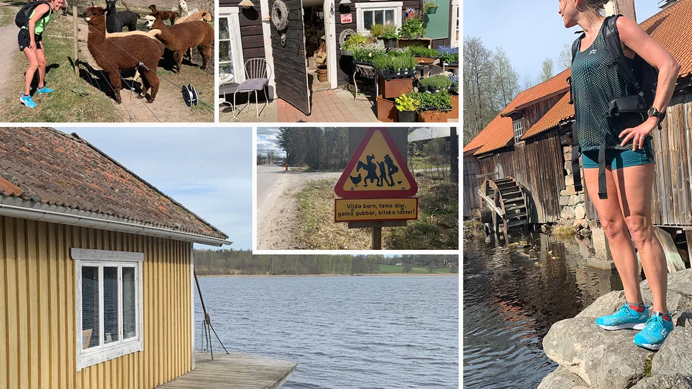 En löptur i trakterna runt Finspång kan ge många olika upptäckter. Alpackor vid Jägarbo, caféet vid Ljusfallshammar, bastun i Regna kyrkby vid sjön Regnaren samt spännande skyltar – som den i Kalbo.