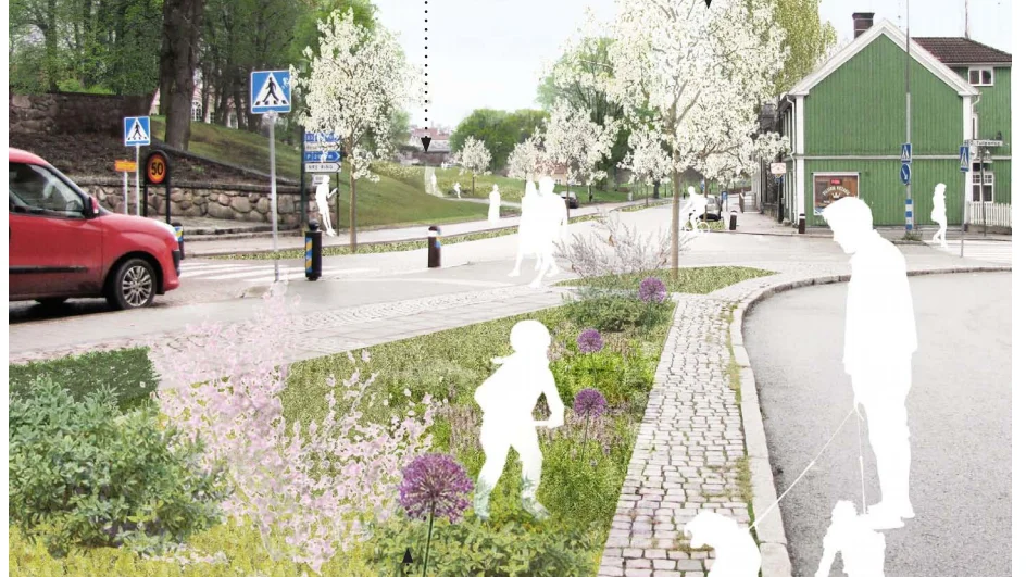 Visionsbilden som finns i gestaltningsprogrammet Vackra Vimmerby för hur Storgatan kan se ut. Gemensamt för alla bilder är att mycket växtlighet ska tillsättas för att få en trevligare miljö.