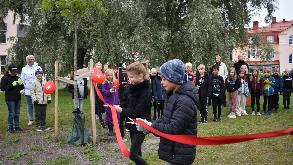 Dags att klippa bandet för att inviga Barnens träd. Tove Bitén och Nelson Forsjäll fick äran.