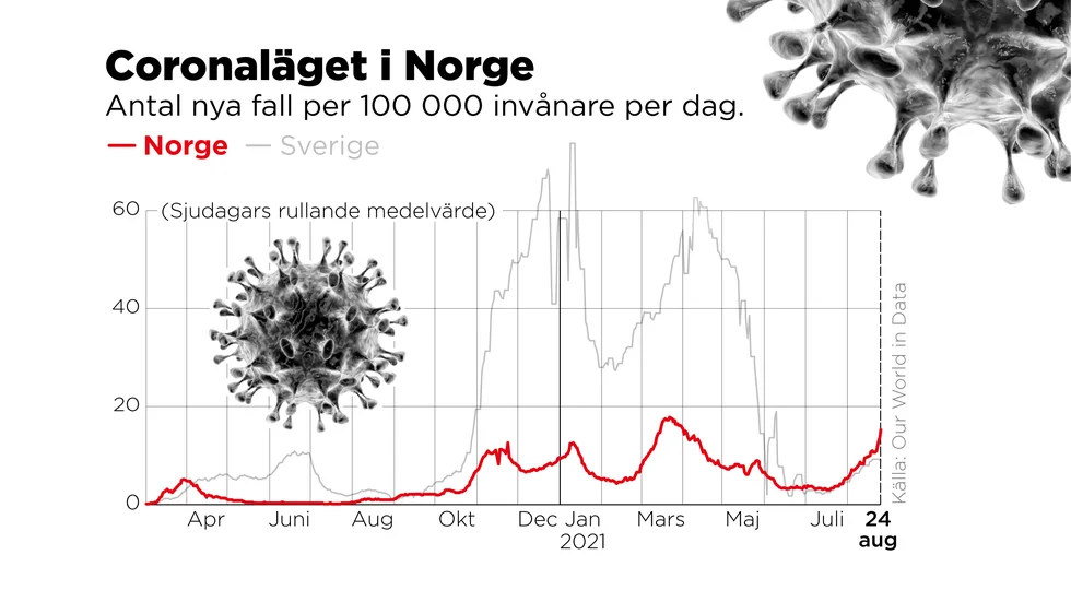 Antal nya fall per 100|000 invånare per dag.