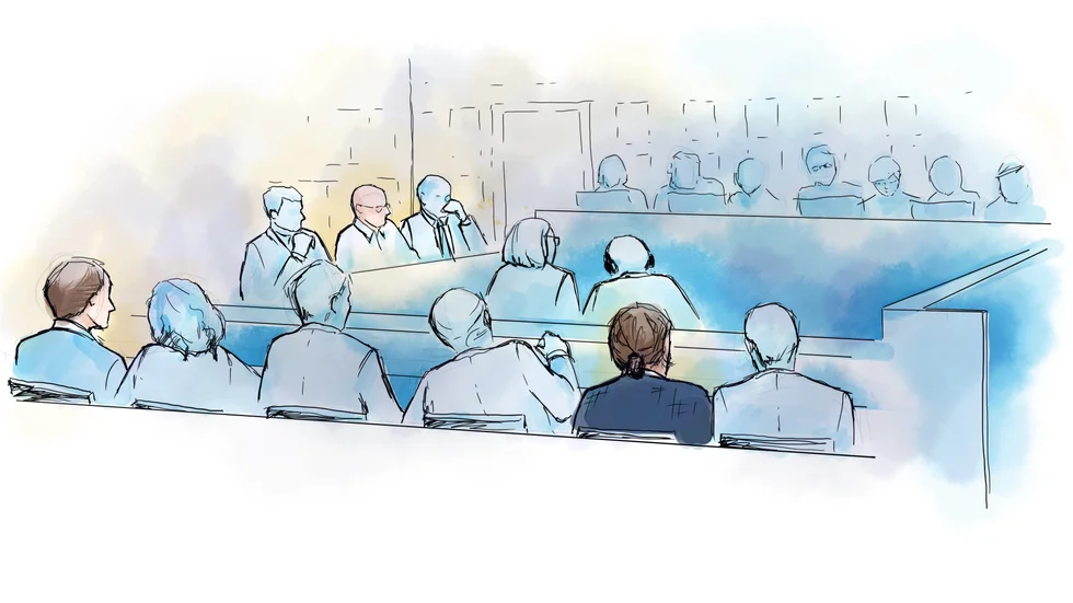 Illustration från huvudförhandlingen i Stockholms tingsrätt i första delen av pensionshärvan kring Falcon Funds. Arkivbild.