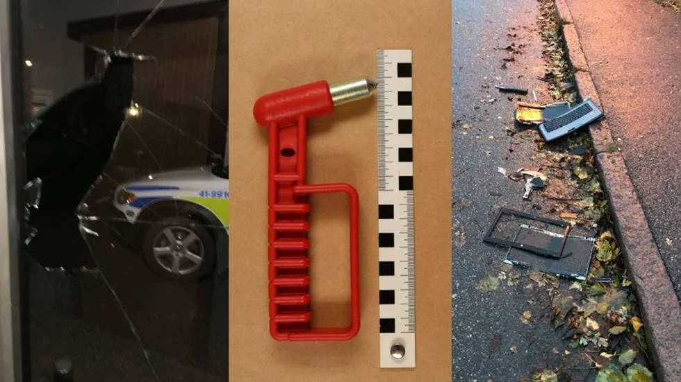 Bilderna från förundersökningen visar bland annat den busshammare som användes för att slå sönder en ruta i trapphuset där 67-åringen bodde.