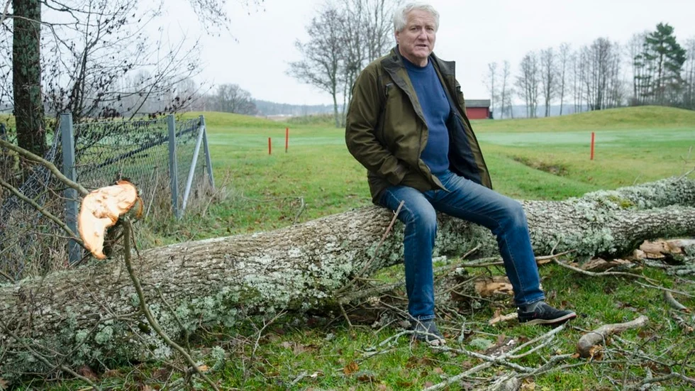 Bo Olofsson, vice ordförande och banchef på Trosa golfklubb, på ett av många träd som rasat ner över golfbanan. Golfklubben har krävt att Skogsstyrelsen ska ersätta alla uppkomna skador. När myndigheten vägrade detta i somras JO-anmälde Bo Olofsson Anna-Lena Lindström, distriktschef på Skogsstyrelsens distrikt Sörmland-Örebro.