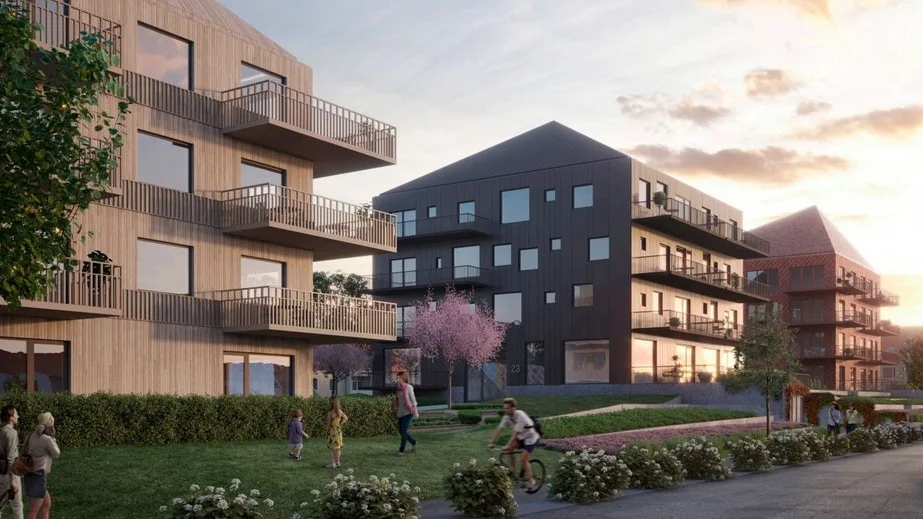 Det vinnande förslaget i markanvisningstävlingen i Hällby kommer från byggherren Maison forte och Lomar Arkitekter. Fasaderna på husen kommer att kläs med olika material – trä, metall och skiffer.