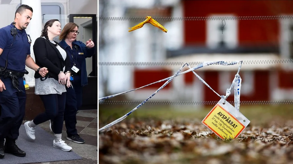 Johanna Möller förs in i Svea hovrätt. Till höger den avspärrade mordplatsen.