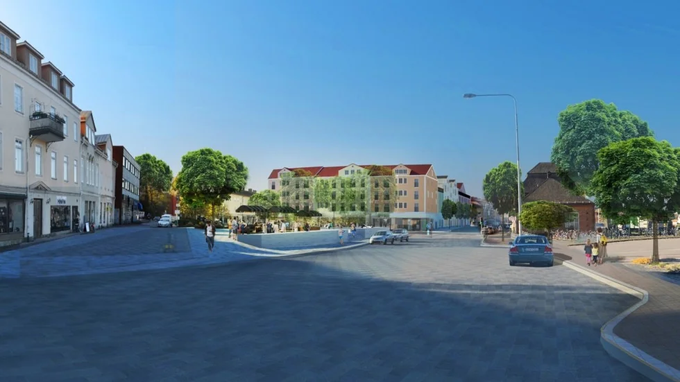 En arkitektskiss som visar hur det nya centrumkvarteret kan se ut om några år, sett från Östra storgatan.