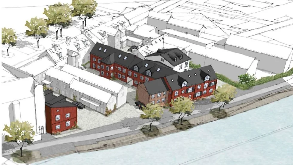 Flera nya hus (markerade i rött) kan byggas på gårdarna vid Svartbäcksgatan om planerna blir verklighet. Samtidigt skyddas befintliga hus från rivning. Vy västerifrån. 