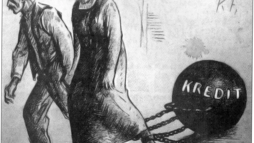SKULDBÖRDANS FÖRBANNELSE. Martin Nilssons teckning ur Konsumentbladet 1926. Bild ur boken.