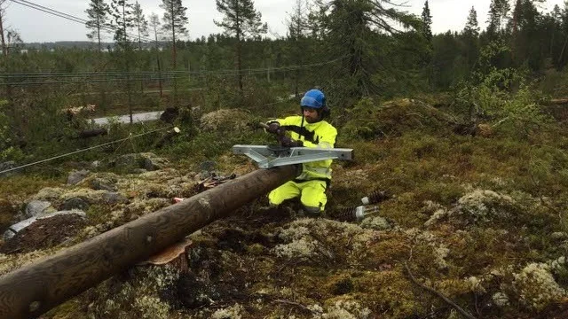 Stolpe av. En ghelt ny elstolpe har blåst rakt av på Renön utanför Piteå.