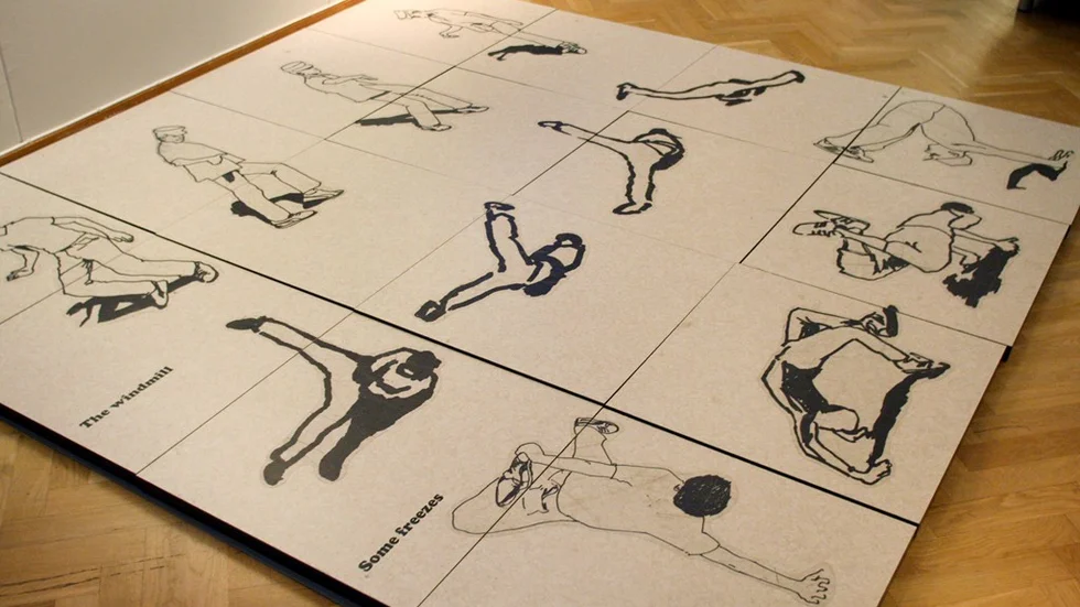 En matta som visar olika danssteg inom breakdance