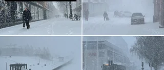 Bilar kör fast och människor hukar i snöyran • Se bilder och tv från snöstormen – och skicka in egna bidrag