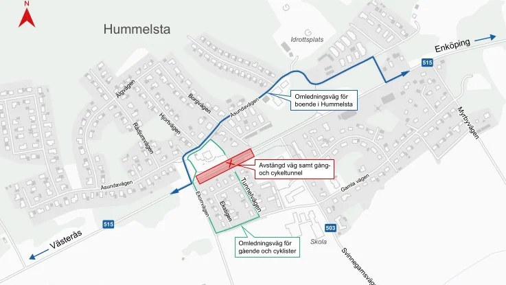 Boende i Hummelsta hänvisas till en omledningsväg via Åsundavägen, övriga trafikanter uppmanas att välja andra vägar.