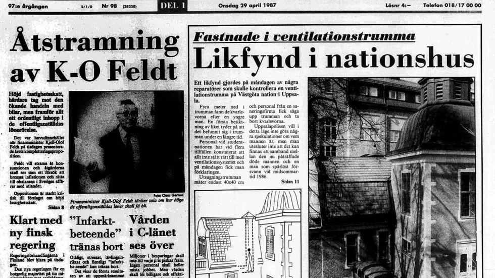 Förstasidesnyhet. Nyheten om liket i nationshuset tog upp stor plats på UNT:s förstasida den 29 april 1987.