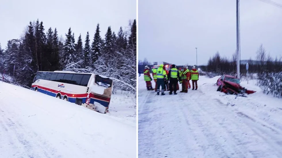 Två personbilar och en buss var inblandade i krocken på E 10 vid Skaulo på nyårsdagen. Två män fördes till sjukhus.