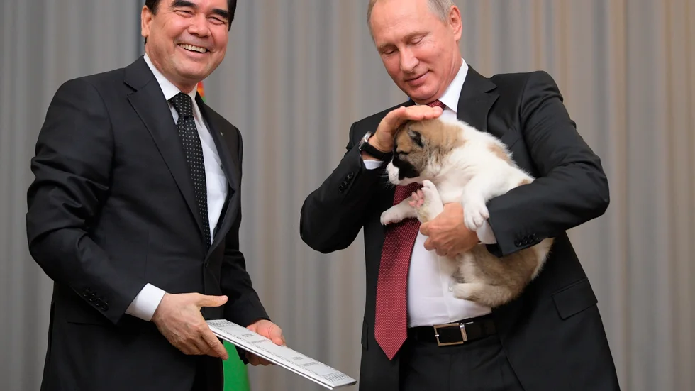 "Dog diplomacy." Gurbanguly Berdymuchamedov tog med sig en turkmensk valp till Vladimir Putin när de två träffades i ryska Sotji 2017.
