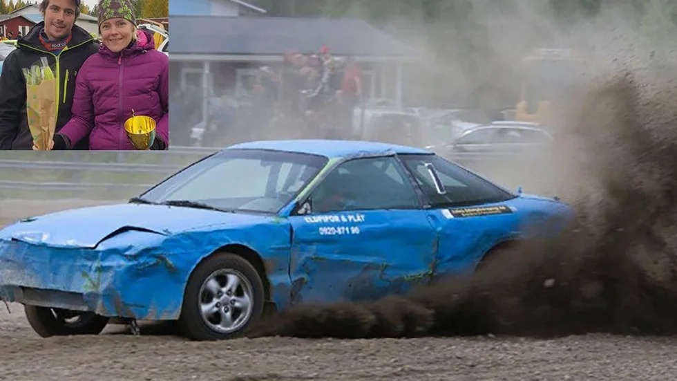 Jennika Jennerfors och sambon Alexander Wollbro, samt deras folkracebil.