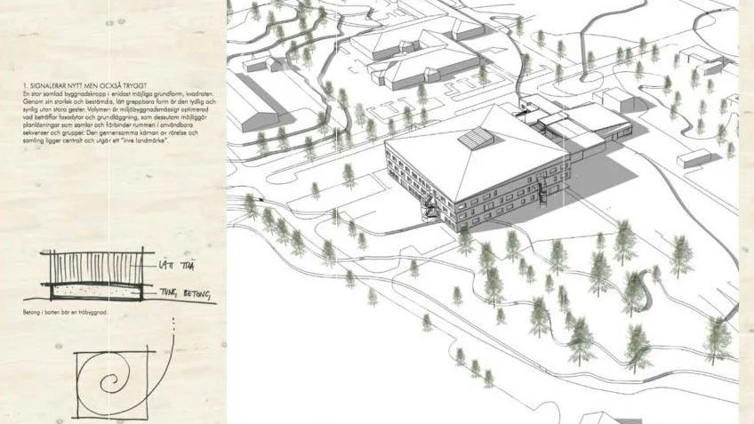 På förslag. Skiss över nya skolan som ska ersätta Frösåkersskolan i Östhammar. Tre våningar, med atrium i mitten och omgivande loftgångar. Ljusinsläpp från taket.