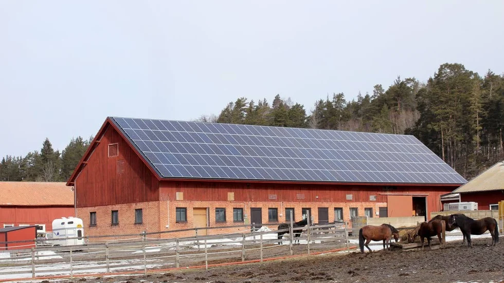 Elproduktion. På Myrsjö gård i Torstuna försörjer det stora solcellstaket hela gården med el.