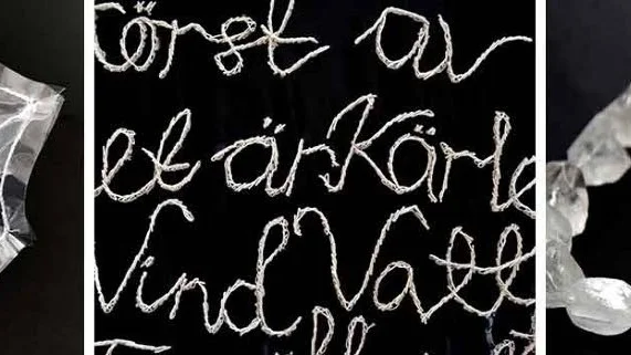 Detaljer från "Naked No. 1" (kub och broderad text) och "Wintersong" (bergskristall och stål).