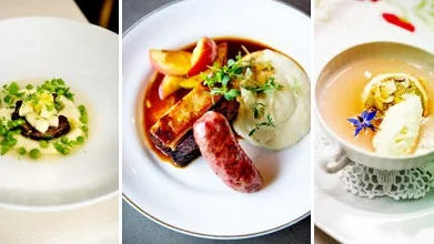 Både förrätt, varmrätt och dessert består av äpplen.